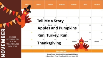 Story time calendar for November. Week 1 is 