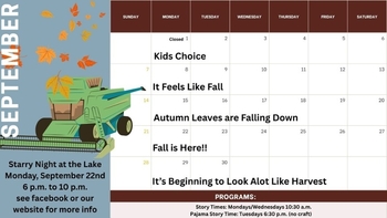 Story time calendar for September. Week 1 is Kids Choice, 2 is 